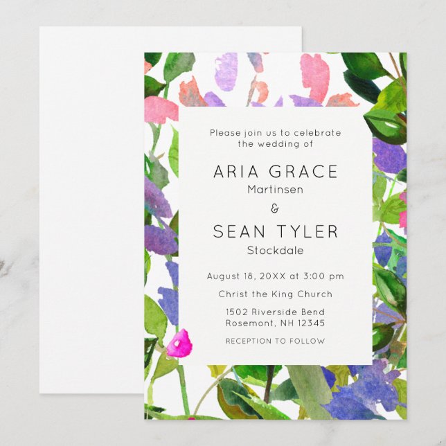 Invitation Mariage d'aquarelle de fleurs d'été (Devant / Derrière)