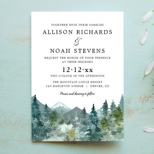 Invitation Mariage d'aquarelle de forêt de montagnes rustique