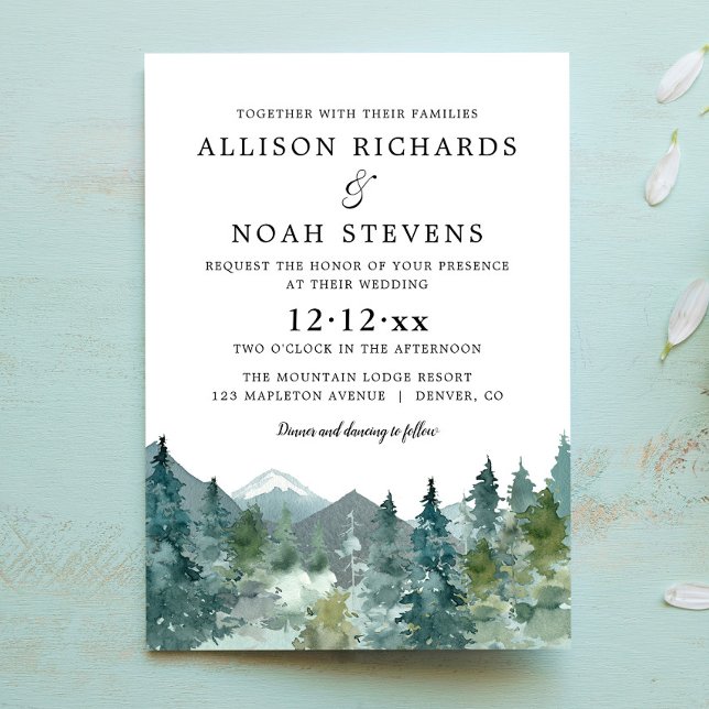 Invitation Mariage d'aquarelle de forêt de montagnes rustique (Créateur téléchargé)