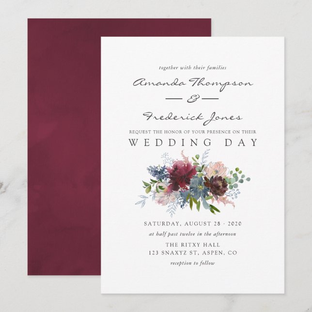 Invitation Mariage d'aquarelle de la Bourgogne et de la marin (Devant / Derrière)
