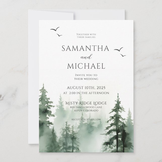 Invitation Mariage d'aquarelle de la forêt de pins rustiques (Devant)