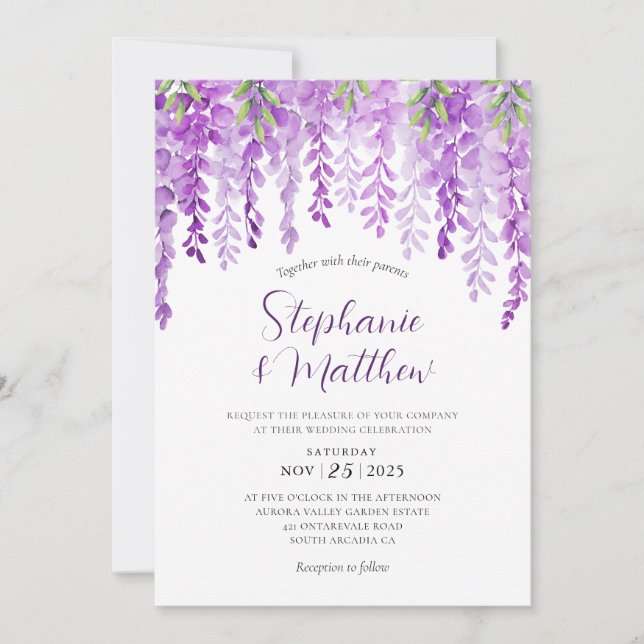 Invitation Mariage d'aquarelle de la glycine florale pourpre (Devant)