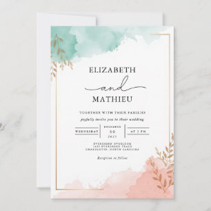 Invitation Mariage d'aquarelle de pêche Turquoise