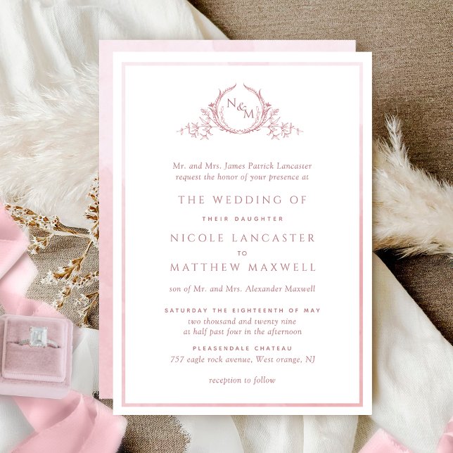 Invitation Mariage d'aquarelle de Rose de monogramme officiel (Créateur téléchargé)