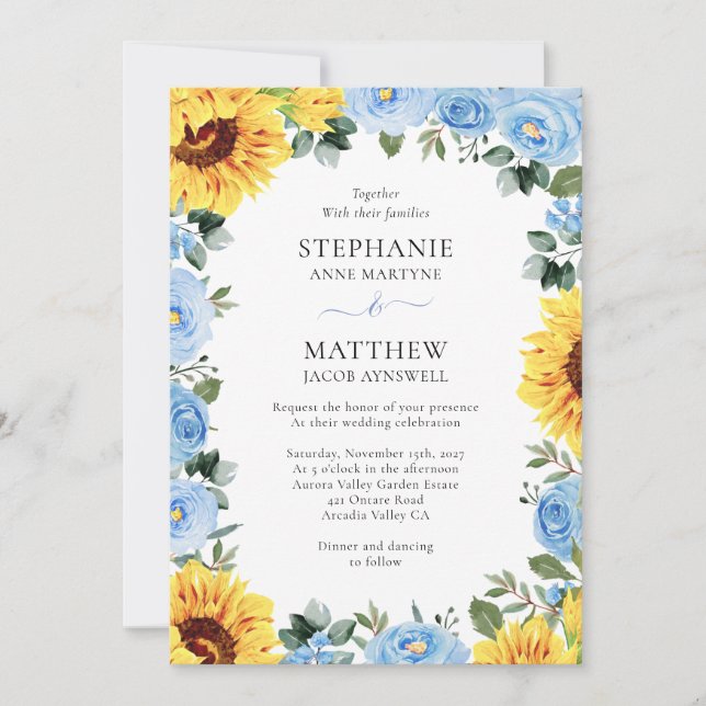 Invitation Mariage d'aquarelle de tournesol bleu foncé (Devant)