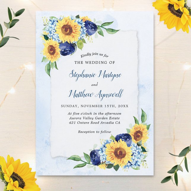 Invitation Mariage d'aquarelle de tournesol bleu foncé (Créateur téléchargé)