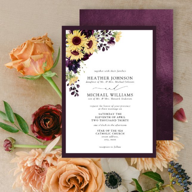 Invitation Mariage d'aquarelle de tournesol violet de prune (Créateur téléchargé)