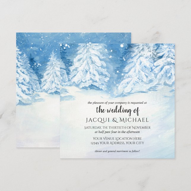 Invitation Mariage d'aquarelle des arbres d'hiver| Carré (Devant / Derrière)