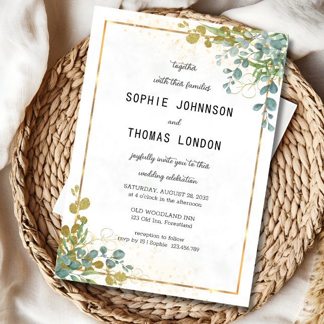 Invitation Mariage d'aquarelle d'eucalyptus vert et or (Créateur téléchargé)