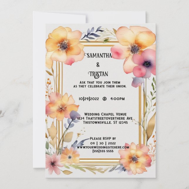 Invitation Mariage d'aquarelle dorée à fleurs pressées (Devant)