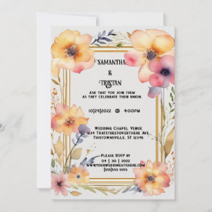 Invitation Mariage d'aquarelle dorée à fleurs pressées