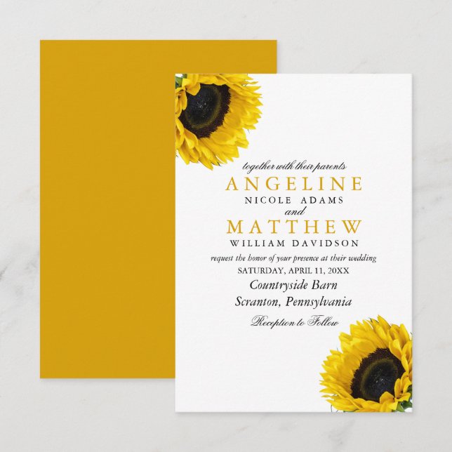Invitation Mariage d'aquarelle élégant à fleurs de soleil (Devant / Derrière)
