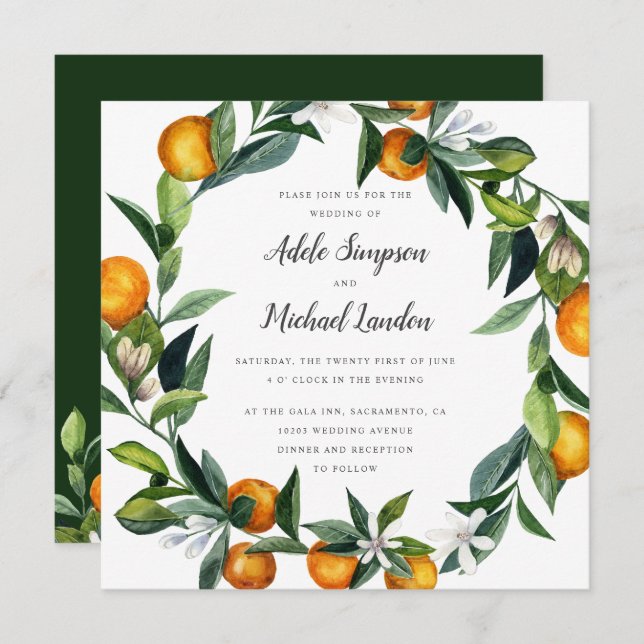 Invitation Mariage d'aquarelle en fer Tangerine Citrus (Devant / Derrière)