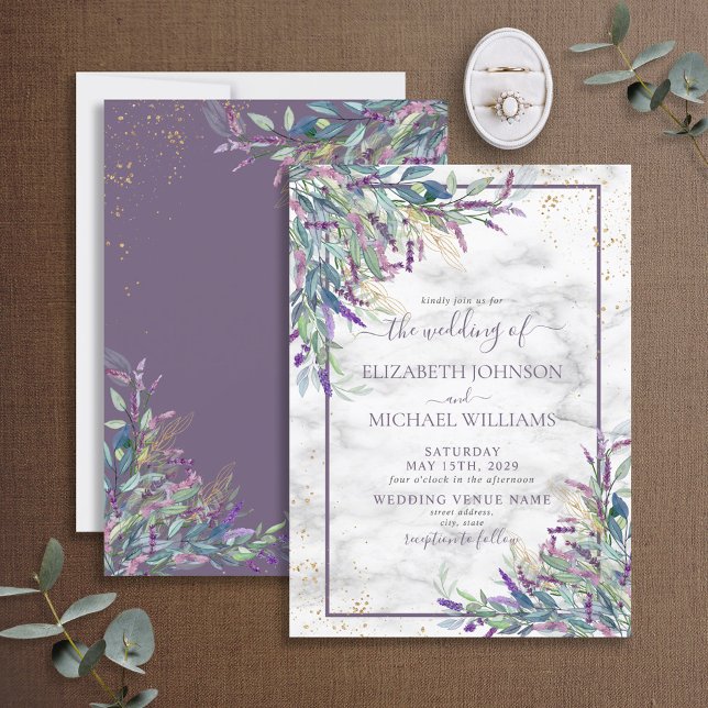 Invitation Mariage d'aquarelle en or violet de lavande rustiq (Créateur téléchargé)