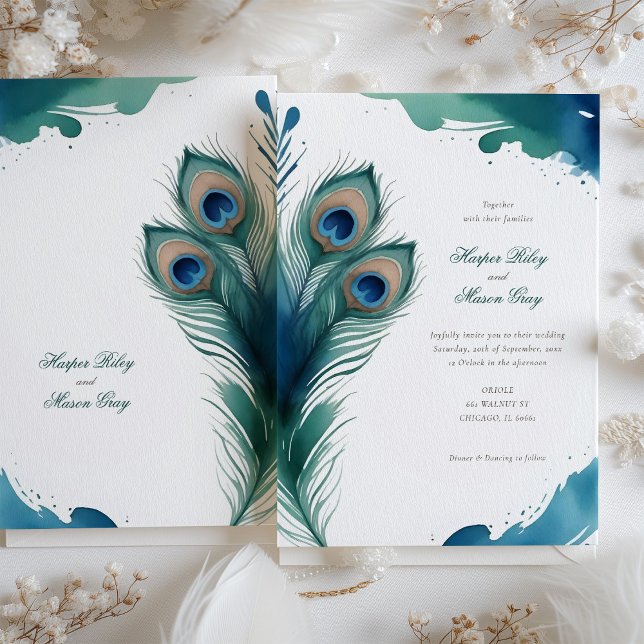Invitation Mariage d'aquarelle en plume de paon de Whimsical (Créateur téléchargé)