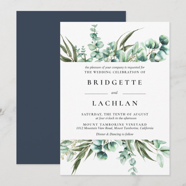 Invitation Mariage d'aquarelle Eucalyptus de verdure rustique (Devant / Derrière)