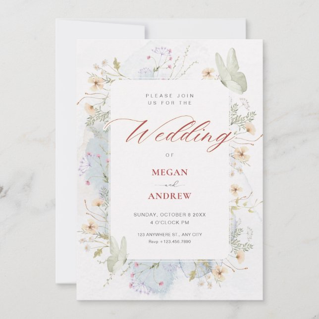 Invitation Mariage d'aquarelle fleur sauvage gris (Devant)