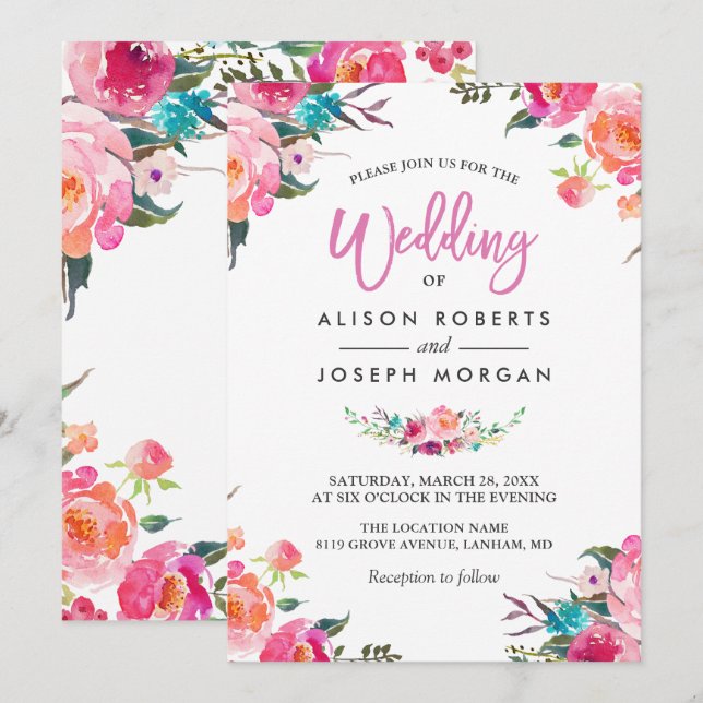 Invitation Mariage d'aquarelle fleurie classique (Devant / Derrière)