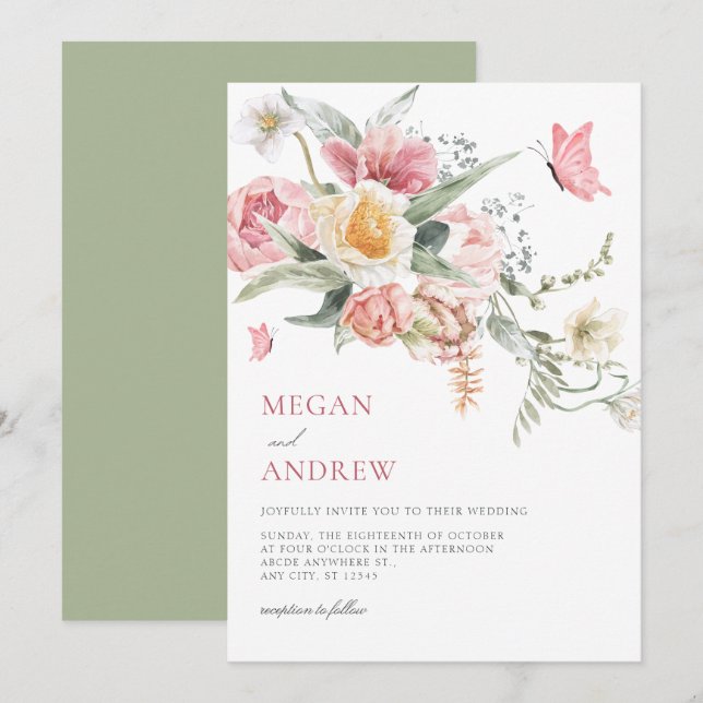Invitation Mariage d'aquarelle fleurie esthétique (Devant / Derrière)