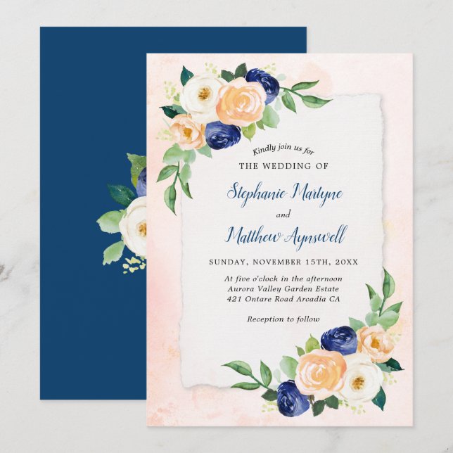 Invitation Mariage d'aquarelle Floral bleu moderne (Devant / Derrière)