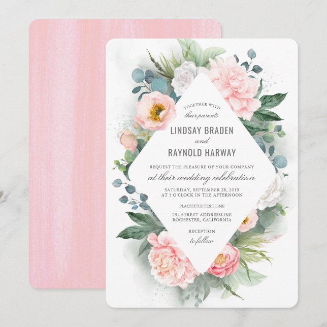 Invitation Mariage d'aquarelle florale à armature rose pâle (Devant / Derrière)