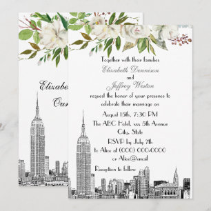 Invitation Mariage d'aquarelle florale blanche NYC Skyline ES