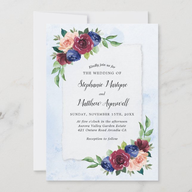 Invitation Mariage d'aquarelle florale bleu bordeaux bleu mar (Devant)