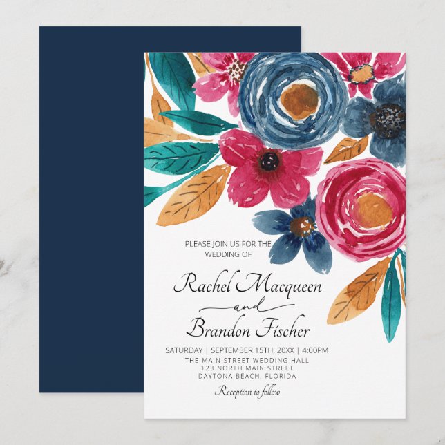 Invitation Mariage d'aquarelle florale bleu Bourgogne (Devant / Derrière)