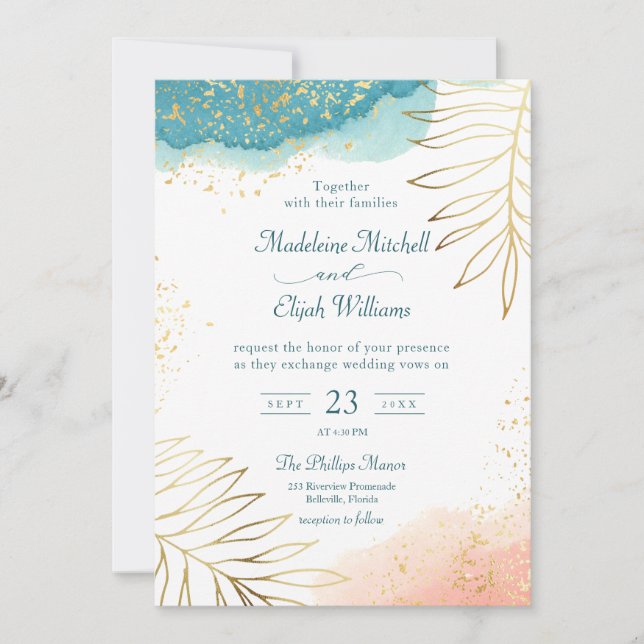 Invitation Mariage d'aquarelle florale Blush or moderne (Devant)