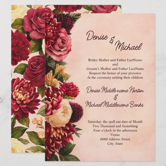 Invitation Mariage d'aquarelle florale de Bourgogne (Devant / Derrière)