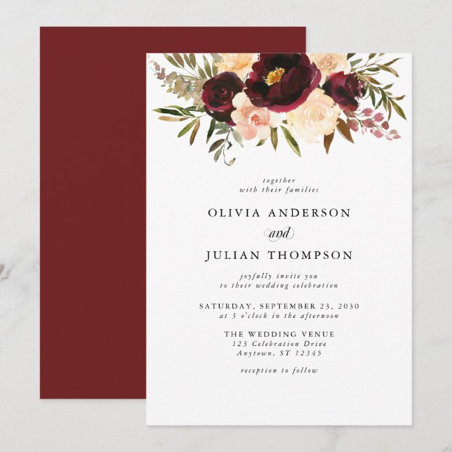 Invitation Mariage d'aquarelle florale de Bourgogne et de crè (Devant / Derrière)