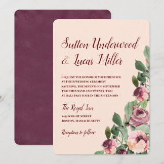 Invitation Mariage d'aquarelle florale de Bourgogne et de Pêc