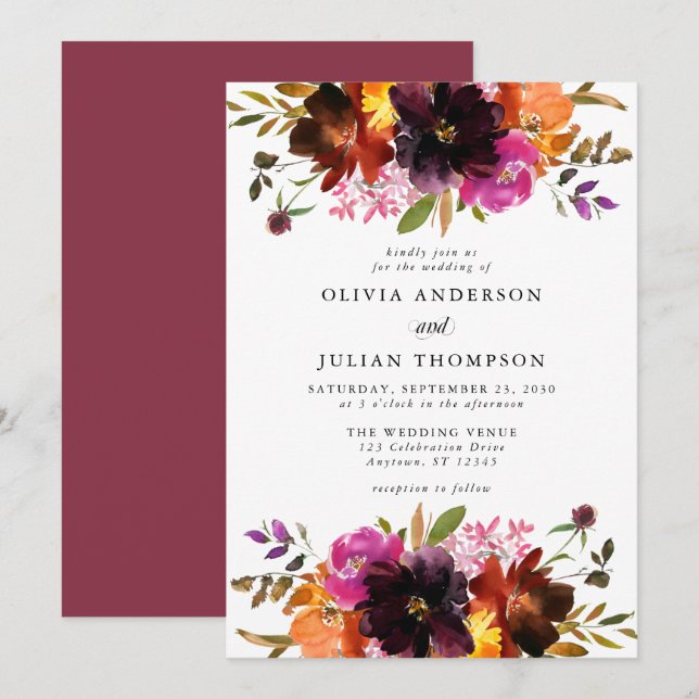 Invitation Mariage d'aquarelle florale de Chute rose Maroon (Devant / Derrière)