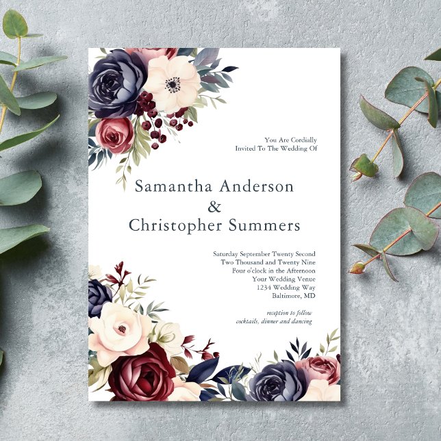 Invitation Mariage d'aquarelle florale de crème marine de Bou (Burgundy Cream Blue Watercolor Elegant Wedding invitation. Printed Or Digital download)