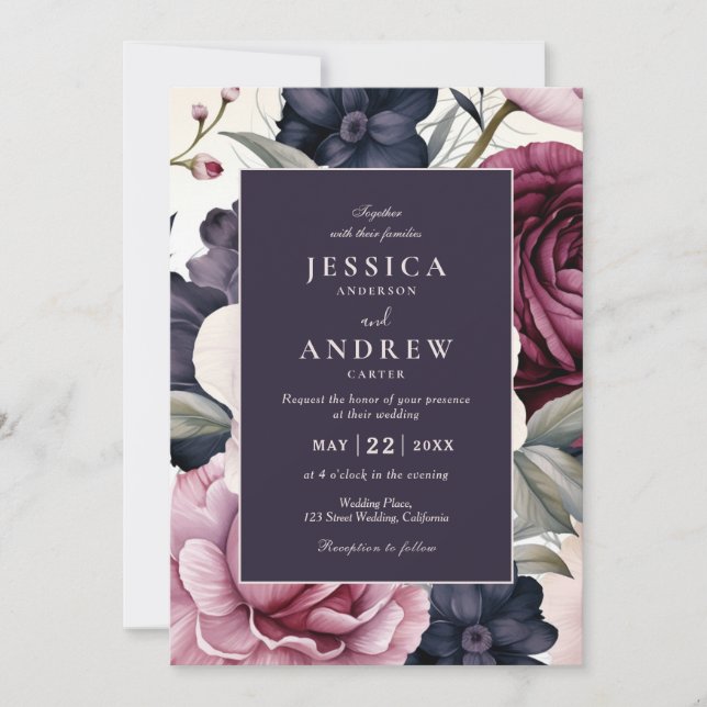 Invitation Mariage d'aquarelle florale de prune bordeaux (Devant)