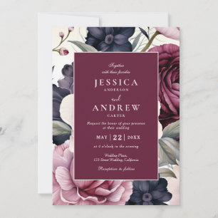 Invitation Mariage d'aquarelle florale de prune bordeaux