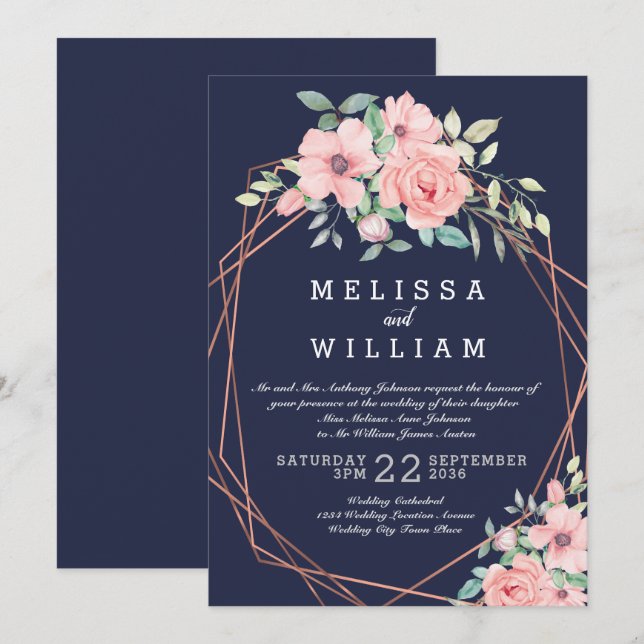 Invitation Mariage d'aquarelle florale géométrique en cuivre  (Devant / Derrière)