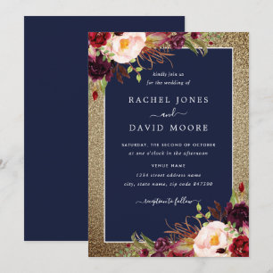 Invitation Mariage d'aquarelle florale Gold Burgundy Navy