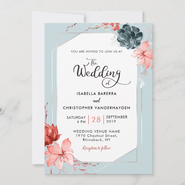Invitation Mariage d'aquarelle florale gris argent du corail  (Devant)
