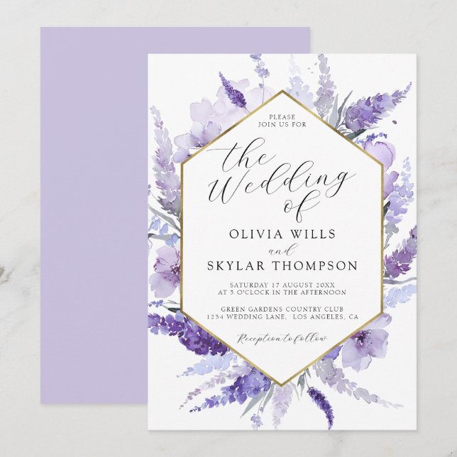 Invitation Mariage d'aquarelle florale Lavender Gold Frame (Devant / Derrière)