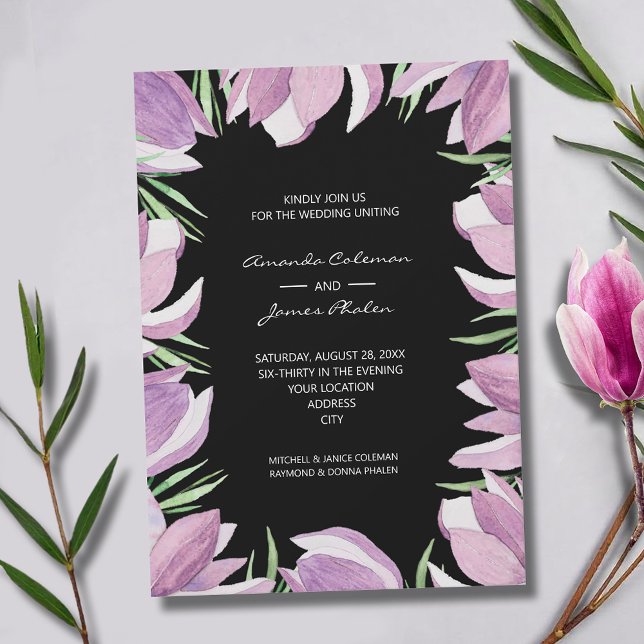 Invitation Mariage d'aquarelle florale Magnolia violet (Elegant purple and white magnolias wedding invitations - INSTANT DOWNLOAD and/or PRINTED)