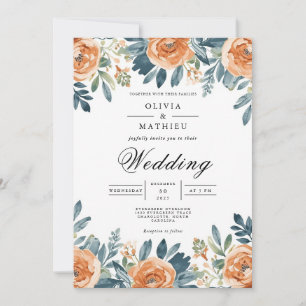 Invitation Mariage d'aquarelle Florale Orange Brûlé