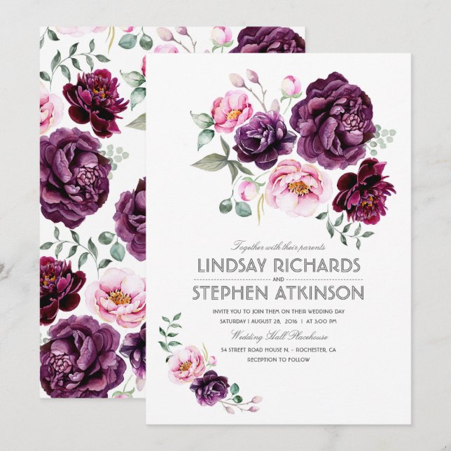 Invitation Mariage d'aquarelle florale Plum Bourgogne et Blus (Devant / Derrière)