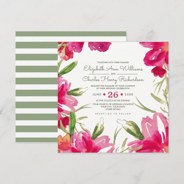 Invitation Mariage d'aquarelle Fuchsia Green Floral (Devant / Derrière)