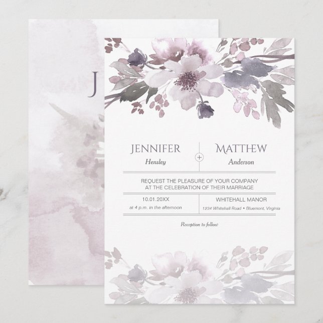 Invitation Mariage d'aquarelle gris lavande rose (Devant / Derrière)