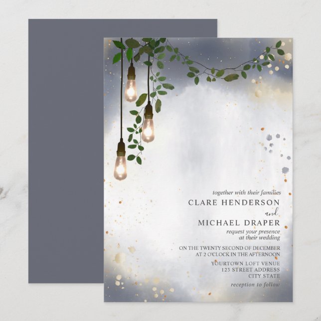 Invitation Mariage d'aquarelle Lightbulb Green Garland (Devant / Derrière)