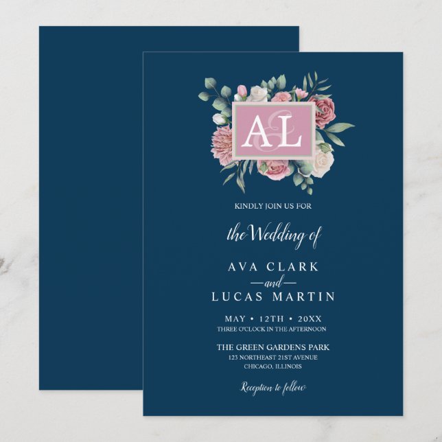 Invitation Mariage d'aquarelle marine à cadre floral rose (Devant / Derrière)