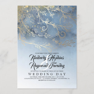 Invitation Mariage d'aquarelle moderne bleu et or Dusty