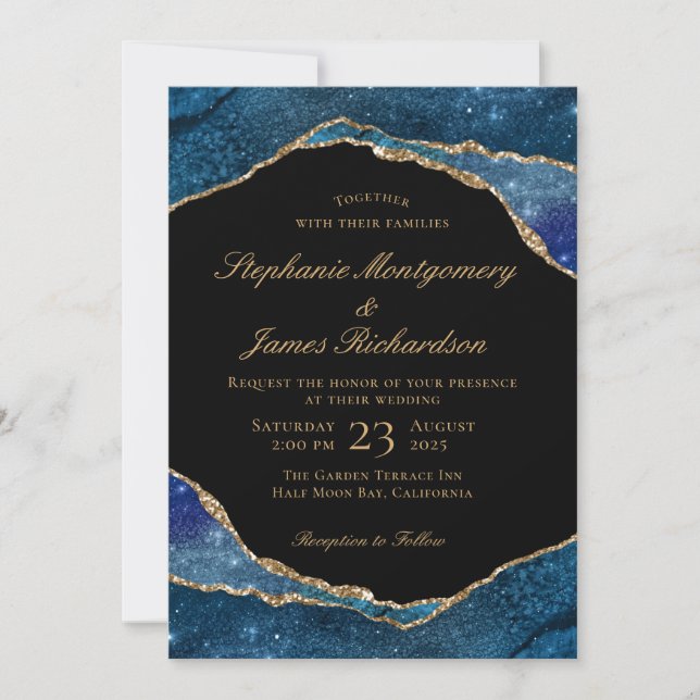 Invitation Mariage d'aquarelle moderne Blue Gold Foil Agate (Devant)