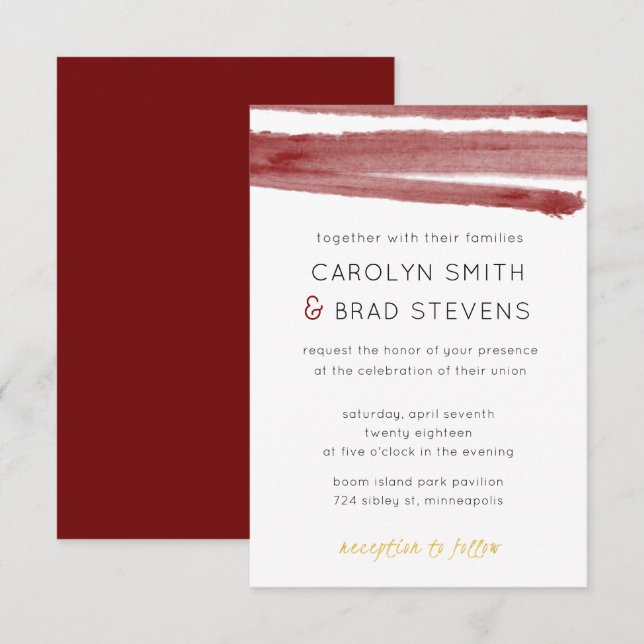 Invitation Mariage d'aquarelle moderne en Bourgogne rouge et  (Devant / Derrière)